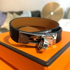 Authentic Hermes Kelly Double Tour leather bracelet- Silver